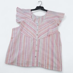NEW French Laundry Pink Striped Top Size XL Ruffle Sleeves Cotton